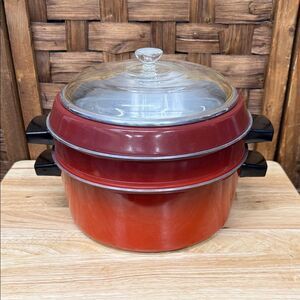 Vintage 70’s Red Enamel Cookware Set with Glass Lid Steamer Made in Canada